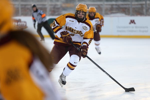 Minnesota's Rachel Ramsey looked to pass the puck during the first period in an outdoor game at TCF Bank Stadium.