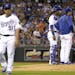 Kansas City Royals starting pitcher Jason Vargas (51) walks to the dugout after a pitching change during the fourth inning of a baseball game against 