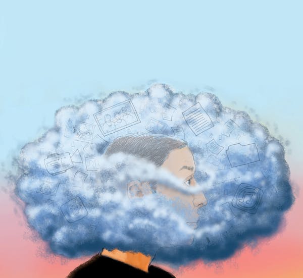 300 dpi Chuck Todd illustration of man's head lost in the Cloud; can be used with stories about whether or not the Cloud is all it is cracked up to be