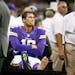 Minnesota Vikings quarterback Matt Cassel (16) was take off the field on cart after suffering an injury on his right foot in the second quarter. The M