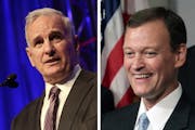 This undated combo of 2014 file photos shows Democratic Gov. Mark Dayton, left, and Republican challenger Jeff Johnson.