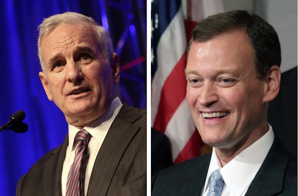 This undated combo of 2014 file photos shows Democratic Gov. Mark Dayton, left, and Republican challenger Jeff Johnson.
