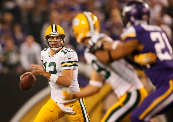 Green Bay quarterback Aaron Rodgers in the first half against the Vikings last October.