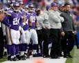 Minnesota Vikings head coach Mike Zimmer and his team watch after the Buffalo Bills scored a touchdown in the final seconds of the game on Sunday, Oct