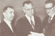 In 1967, Orville Bielenberg, center, presented a petition to incorporate Woodbury Township into a village to then-Gov. Harold LeVander. Bielenberg bec