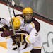 University of Minnesota Gophers' Brady Skjei (2) celeberates with Travis Boyd (22) the first of Travis's two second period goals against Bemidji State