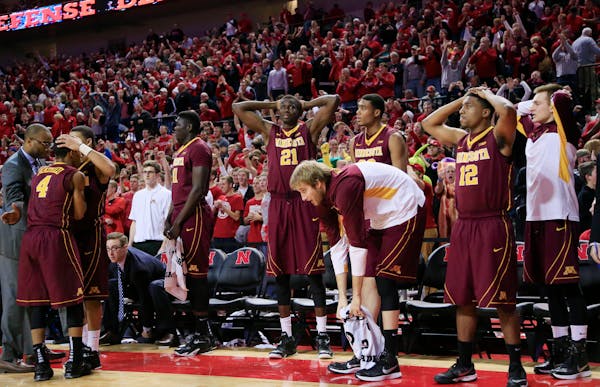 DeAndre Mathieu (4) missed a potential game-tying three-pointer at the end of Tuesday night’s game at Nebraska, and it was the Gophers’ poor free-