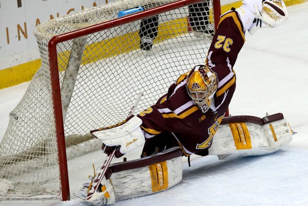 Gophers goalie Adam Wilcox couldn’t stop this Minnesota State goal during the first period Friday.