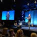 Pastor Rob Ketterling introduces the sermon at the Apple Valley campus of River Valley Church. The same recorded video sermon plays at each campus.