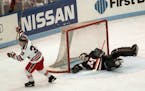 Duluth East’s Dave Spehar celebrated his goal on a penalty shot in the final period against Moorhead in the Class 2A title game. (Star Tribune file 