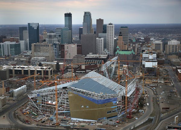 Work continues on the new Vikings Stadium in downtown Minneapolis. ] JIM GEHRZ ï james.gehrz@startribune.com / Minneapolis, MN / March 19, 2015 /6:00