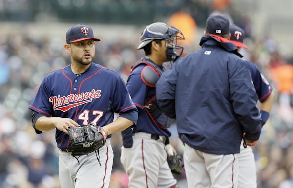 Minnesota Twins starting pitcher Ricky Nolasco is relieved during the fourth inning of a baseball game against the Detroit Tigers, Wednesday, April 8,