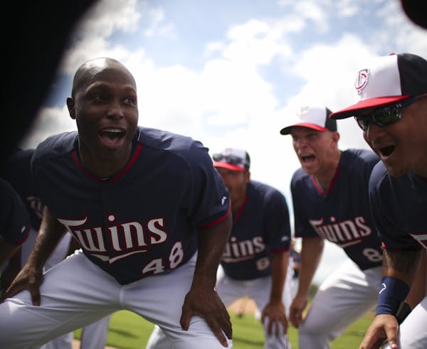 Torii Hunter (48) took to leading a cheer at the end of workouts in spring training. Leading is practically a part of his job description. “All I wa