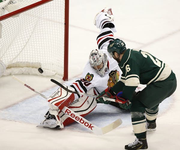 Thomas Vanek couldn’t get a shot past Chicago’s Corey Craword in Game 4, and now he’s played 10 playoff games with the Wild without scoring a go