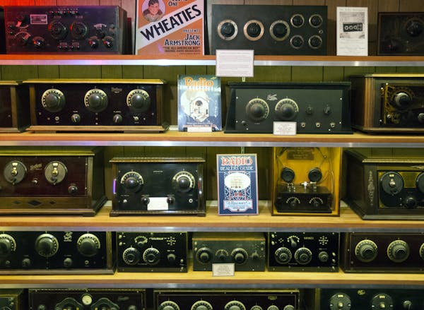 A shelf with Minnesota made radios. The Pavek Museum of Broadcasting in St. Louis Park is selling a treasure trove of equipment and memorabilia from i