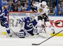 Tampa Bay Lightning goalie Andrei Vasilevskiy (88) with a save in the third period against the Chicago Blackhawks during Game 2 of the Stanley Cup Fin