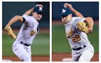 In this two image combination, Oakland Athletics relief pitcher Pat Venditte (29) delivers with his left and right hand to separate Boston Red Sox bat