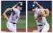 In this two image combination, Oakland Athletics relief pitcher Pat Venditte (29) delivers with his left and right hand to separate Boston Red Sox bat