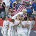 The United States team celebrates a goal against Colombia during second half FIFA Women's World Cup round of 16 soccer action in Edmonton, Alberta, Ca