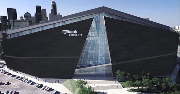 A rendering of the view of U.S. Bank Stadium from the east side of downtown Minneapolis. The towering structure will have the U.S. Bank Stadium logo a