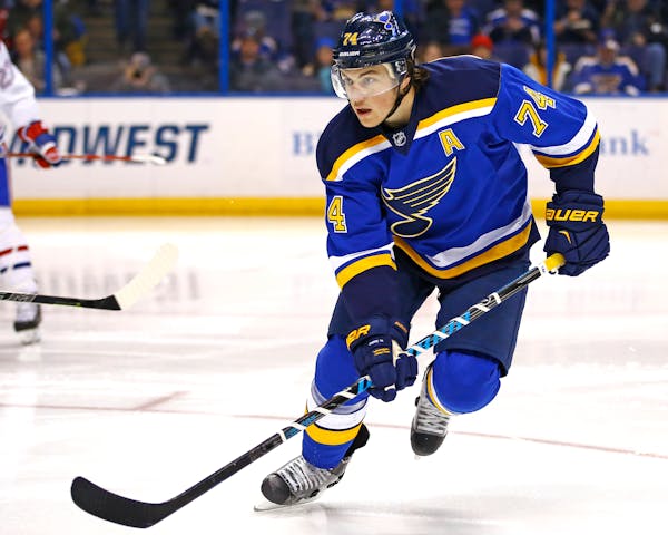 St. Louis Blues' T.J. Oshie in action during the second period of an NHL hockey game against the Montreal Canadiens, Tuesday, Feb. 24, 2015, in St. Lo