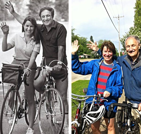 In 2013, Sen. Amy Klobachar and her father, Jim, re-enacted a popular photo taken in 1981 before she and her father rode from the Twin Cities to the G
