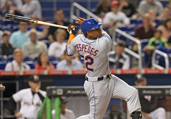 New York Mets' Yoenis Cespedes bats during the third inning on Monday, Aug. 3, 2015, at Marlins Park in Miami. (Hector Gabino/El Nuevo Herald/TNS) ORG