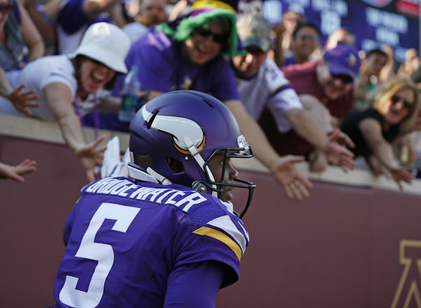 Minnesota Vikings quarterback Teddy Bridgewater (5) celebrated a touchdown against Atlanta last season.
