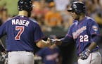 Minnesota Twins' Joe Mauer, left, shakes hands with teammate Miguel Sano after a home run last week in Baltimore.