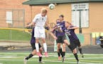 Joshua Hintz from Mounds View heads the ball toward the CEC goal. Joshua scored two of the three Mounds View goals
