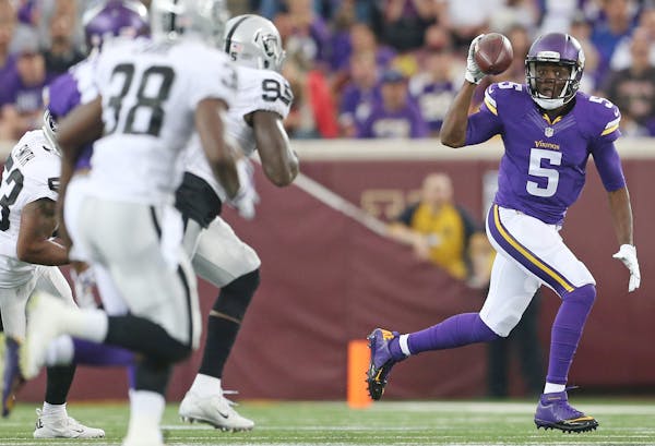 Vikings quarterback Teddy Bridgewater ran for first down in the first quarter and finished 10-for-14 passing for 89 yards and a touchdown Saturday nig
