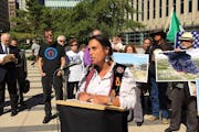 Winona LaDuke, founder of Honor the Earth, spoke at a news conference Thursday. Environmental groups sued the U.S. State Department for accepting a pl