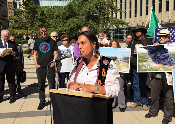 Winona LaDuke, founder of Honor the Earth, spoke at a news conference Thursday. Environmental groups sued the U.S. State Department for accepting a pl