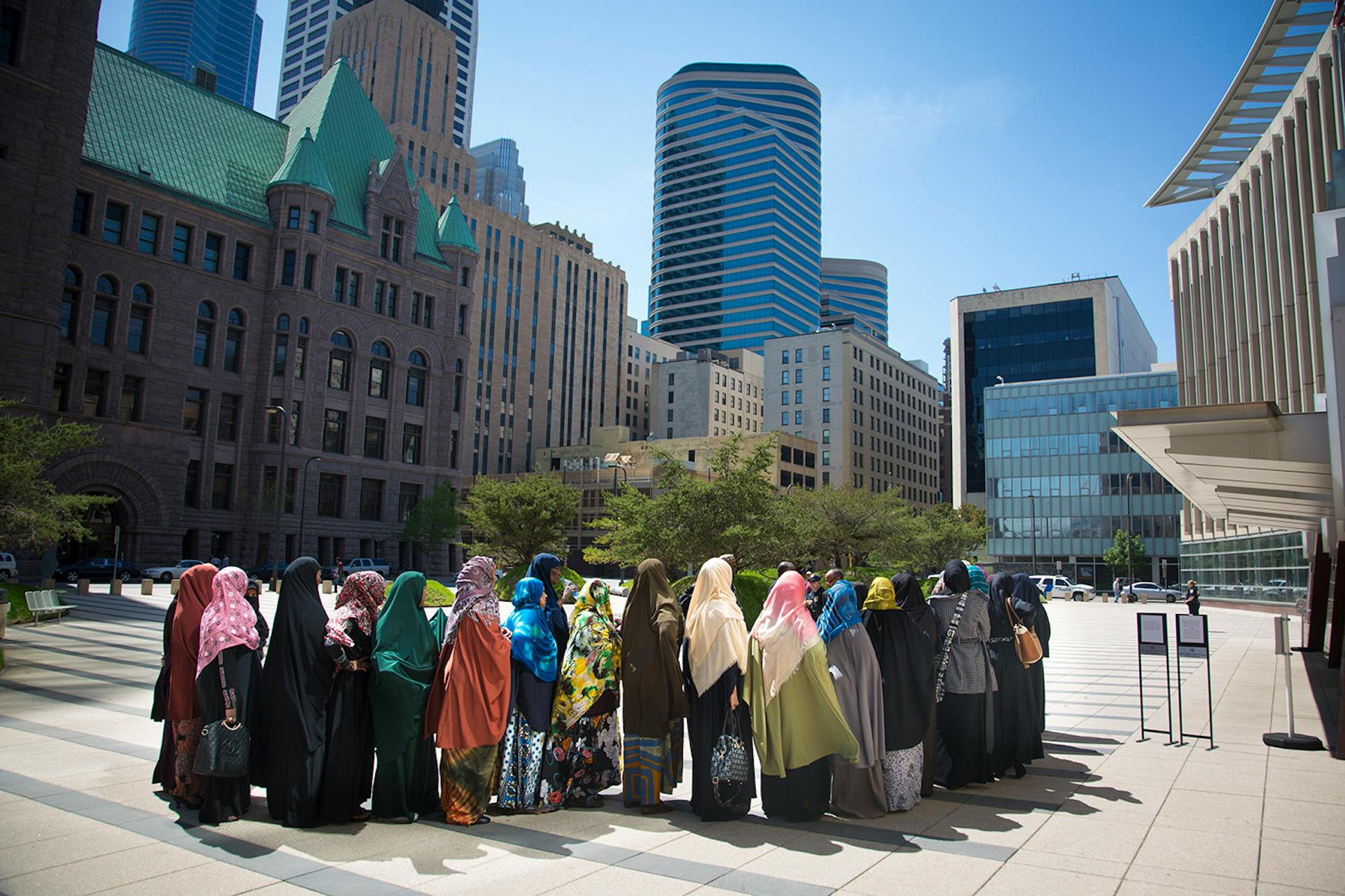 Women from the Somali community lined up outside the Federal Courthouse in Minneapolis for a May hearing on the detention of conspiracy suspect Abdirahman Daud.
