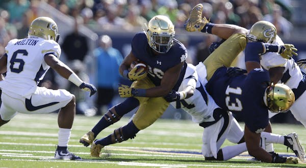 Notre Dame running back C.J. Prosise cut through the Georgia Tech defense for 198 rushing yards, nearly half of it coming on a 91-yard TD.