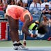 Serena Williams reacts after losing a point to Roberta Vinci, of Italy, during a semifinal match at the U.S. Open tennis tournament, Friday, Sept. 11,