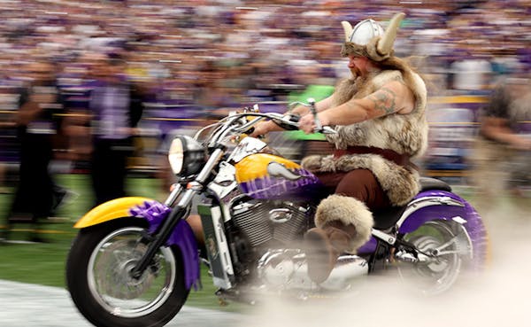 The Minnesota Vikings mascot Ragnar rode onto the field before team introductions for a game in 2012.