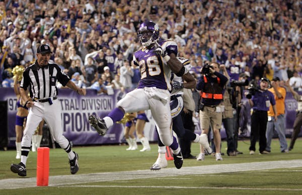 Adrian Peterson skipped into the end zone for a touchdown that accounted for 46 of the 296 yards he rushed for against the Chargers on Nov. 4, 2007.