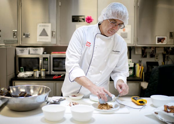 Thomas Dickens, chef services development leader at Hormel, showed some new products in the company’s test kitchen.