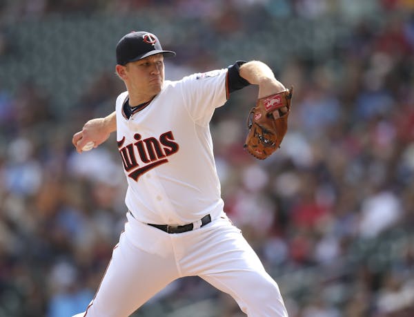 Twins starting pitcher Tyler Duffey throwing in the first inning Sunday afternoon at Target Field.
