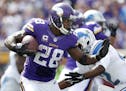 Minnesota Vikings running back Adrian Peterson (28) during a run in the second quarter.