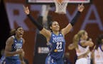 Lynx' Maya Moore (23) celebrates making a steal and game winning free throw against the Mercury during game 2 of the Western Conference Finals at Talk