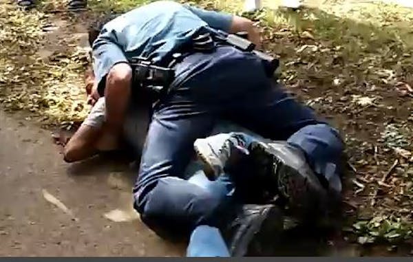 A photo of the arrest in Ryan Park from Sunday, taken from online video.