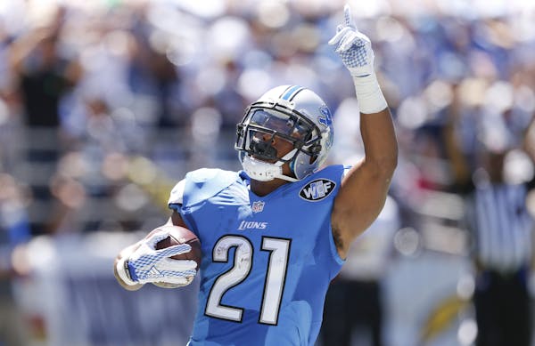 Lions back Ameer Abdullah reacted after scoring a touchdown in his NFL debut last week.