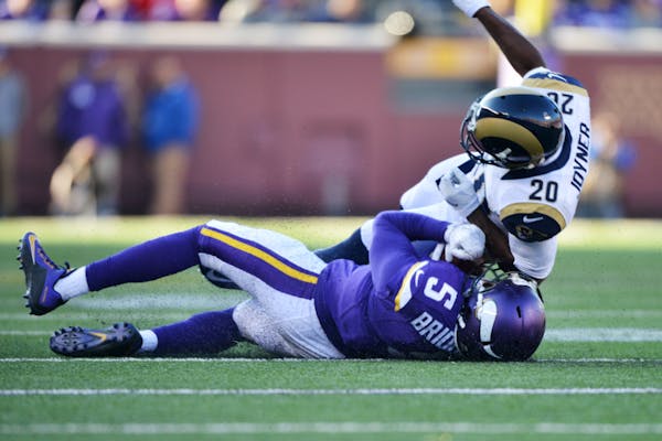 Rams cornerback Lamarcus Joyner collided with Vikings quarterback Teddy Bridgwater on a late hit in the fourth quarter, taking him out of the game.