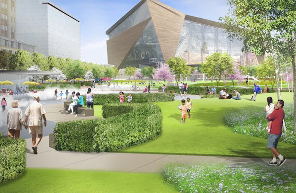 Rendering of the park with a view to the new Vikings stadium Downtown East Commons