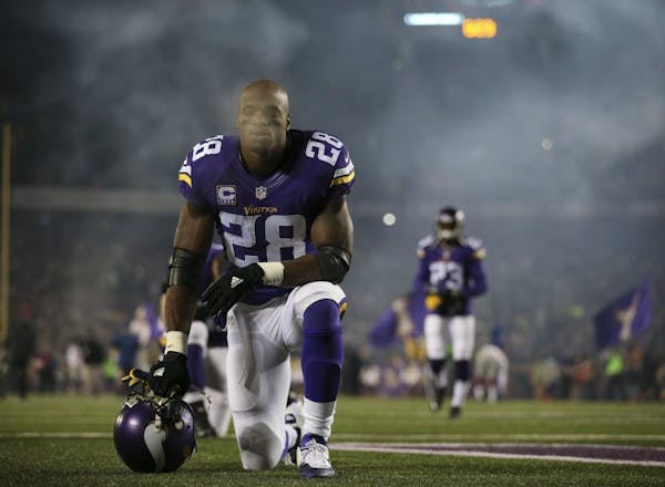 Adrian Peterson paused after he took the field before the Vikings' final regular-season home game on Dec. 28 against the Giants.