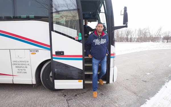 Byron Buxton got off the bus as the Twins caravan arrived in Alexandria on Monday.