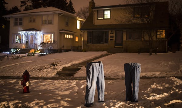 A pair of frozen blue jeans was on display at the intersection of 2nd Street and 16th Avenue NE in Minneapolis. They were put out by Randall Johnson o