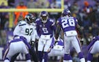 Vikings quarterback Teddy Bridgewater gave the play call to Vikings running back Adrian Peterson before the snap in the third quarter.